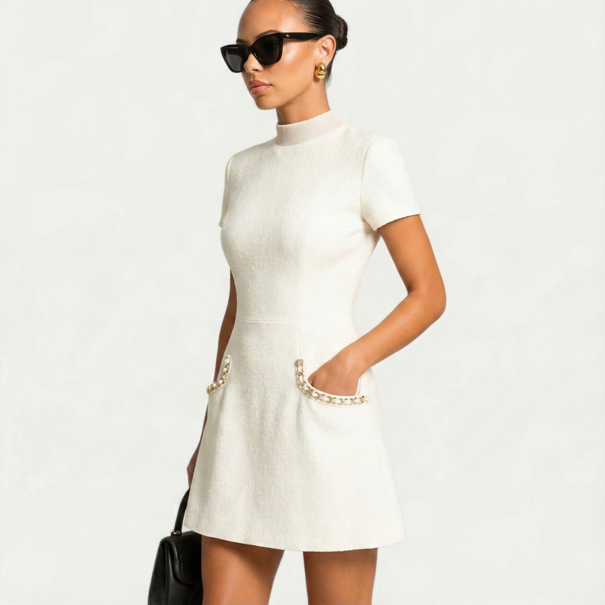 Elegant Tweed Mini Dress for Women with Pearl Embellished Crew Neck Short Sleeve Pocket Detail Cocktail Style
