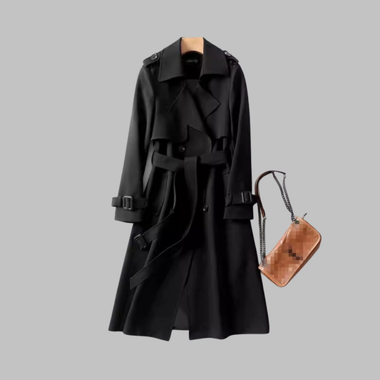 Elegant Double Breasted Trench Coat for Women with Notched Lapel Long Sleeve Belted Flowing Style
