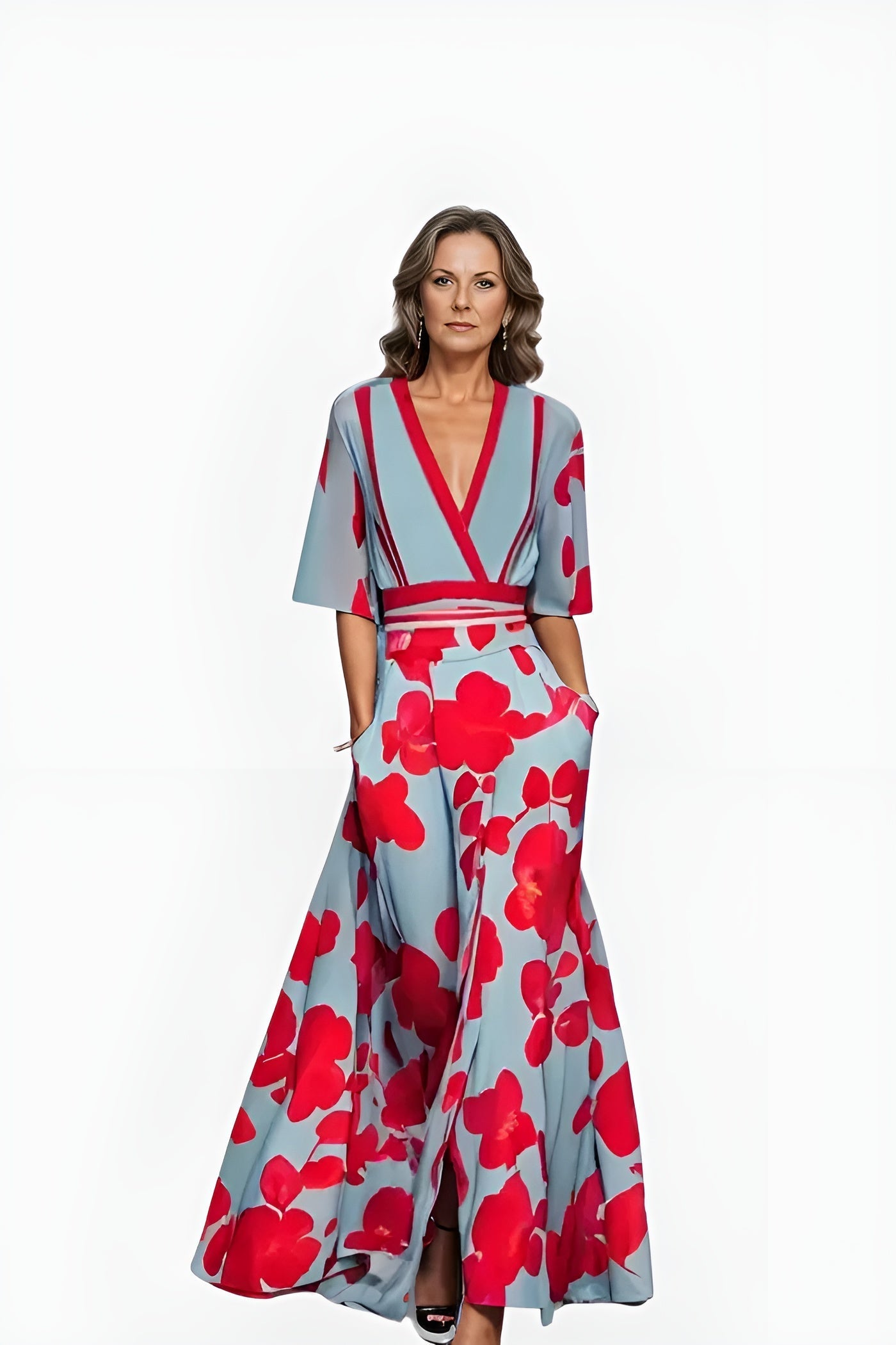 Elegant Blue Floral Maxi Dress for Women with V Neck Elbow Sleeve Wrap Belted Flowing Style