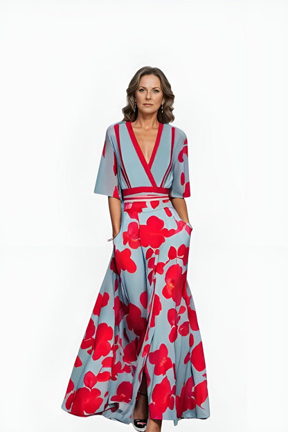 Elegant Blue Floral Maxi Dress for Women with V Neck Elbow Sleeve Wrap Belted Flowing Style