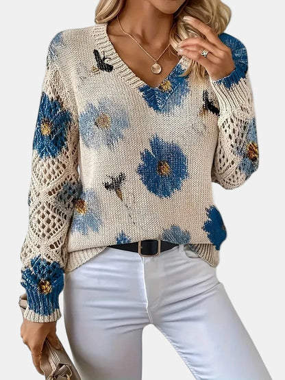 Comfortable Floral Print Sweater for Women with V Neck Long Sleeve Crochet Panel Oversized Knit Style