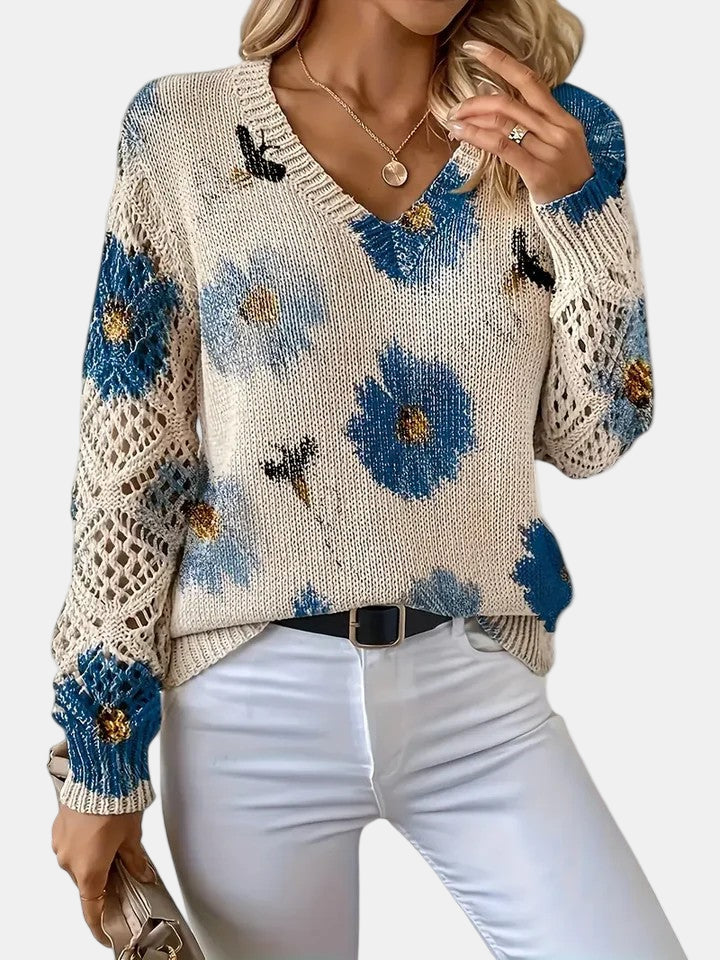 Comfortable Floral Crochet Sweater for Women with V Neck Long Sleeve Relaxed Oversized Knit Style