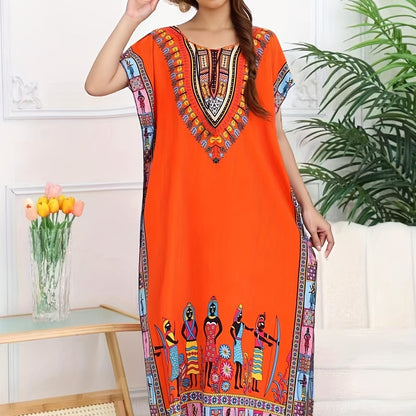Effortless Tribal Print Kaftan Maxi Dress for Women with V Neck Short Sleeve Flowing Bohemian Style