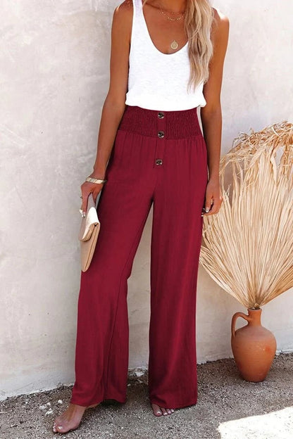 Effortless Wide Leg Pants for Women with High Waist Button Front Smocked Relaxed Style