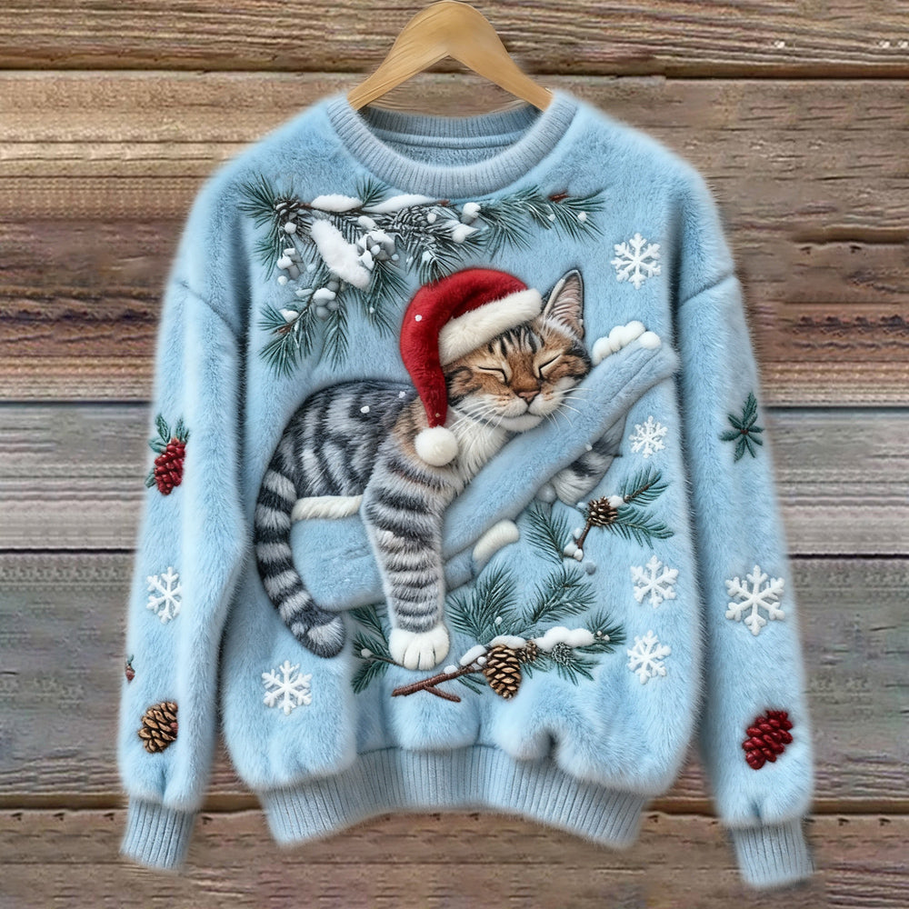 Comfortable Christmas Cat Print Sweater for Women with Crew Neck Long Sleeve Embroidered Fuzzy Knit Style
