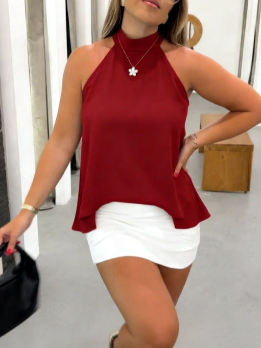 Effortless Satin Halter Top for Women with Mock Neck Sleeveless Flowing Swing Style
