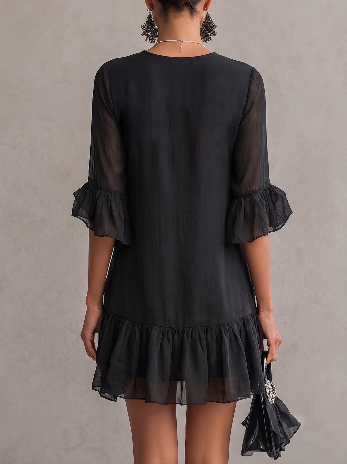 Elegant Black Chiffon Mini Dress for Women with Plunge Neck Ruffle Bell Sleeve Flowing Style