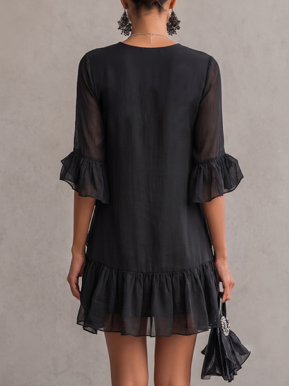 Elegant Black Chiffon Mini Dress for Women with Plunge Neck Ruffle Bell Sleeve Flowing Style