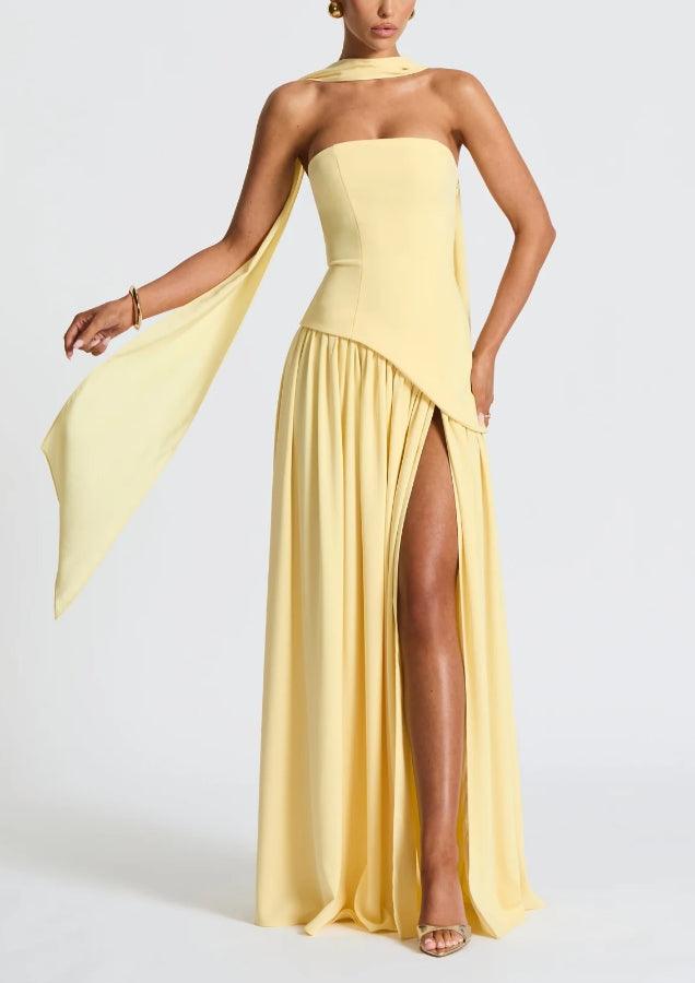 Elegant Draped Maxi Dress for Women with Strapless Scarf Neck Asymmetrical High Slit Column Style