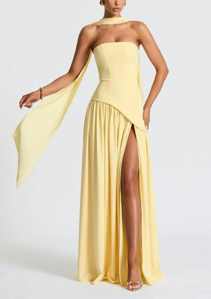 Elegant Draped Maxi Dress for Women with Strapless Scarf Neck Asymmetrical High Slit Column Style
