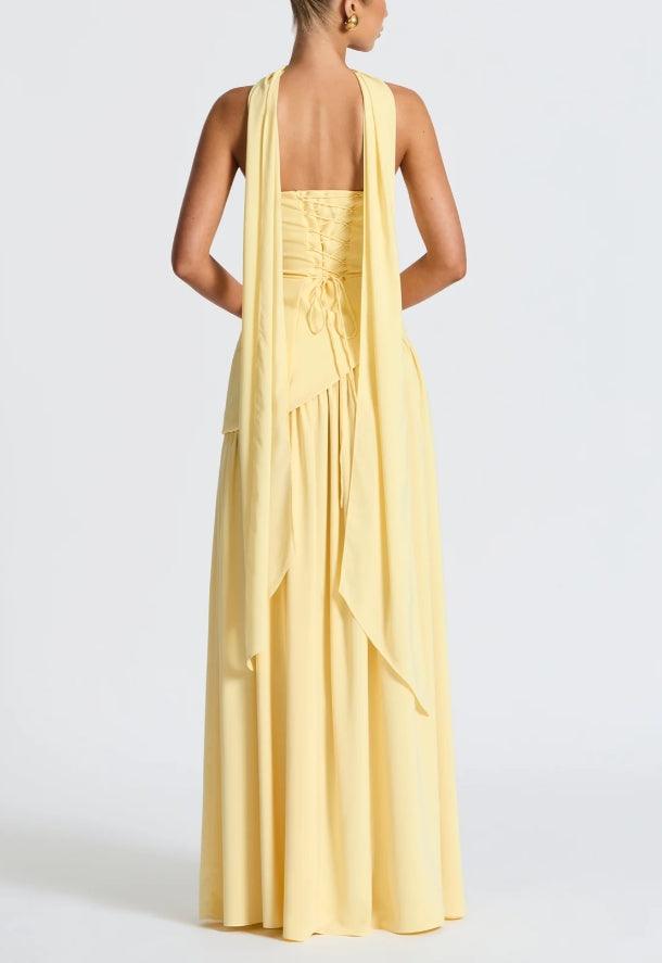 Elegant Draped Maxi Dress for Women with Strapless Scarf Neck Asymmetrical High Slit Column Style
