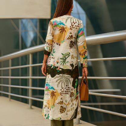 Effortless Tropical Print Wide Leg Set for Women with Button Front Long Sleeve Duster Two Piece Style