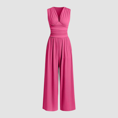 Elegant Wide Leg Jumpsuit for Women with V Neck Sleeveless Ruched Waist Flowing Style