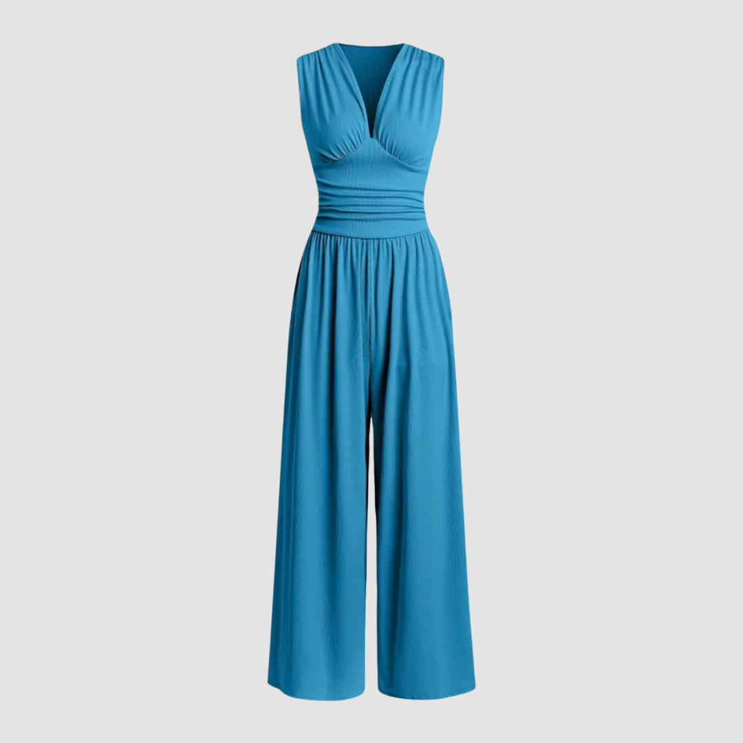 Elegant Wide Leg Jumpsuit for Women with V Neck Sleeveless Ruched Waist Flowing Style