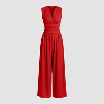 Elegant Wide Leg Jumpsuit for Women with V Neck Sleeveless Ruched Waist Flowing Style
