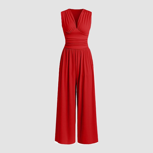 Elegant Wide Leg Jumpsuit for Women with V Neck Sleeveless Ruched Waist Flowing Style