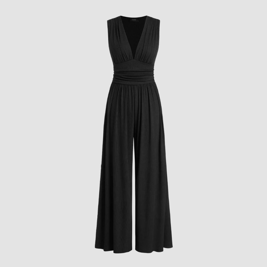 Elegant Wide Leg Jumpsuit for Women with V Neck Sleeveless Ruched Waist Flowing Style
