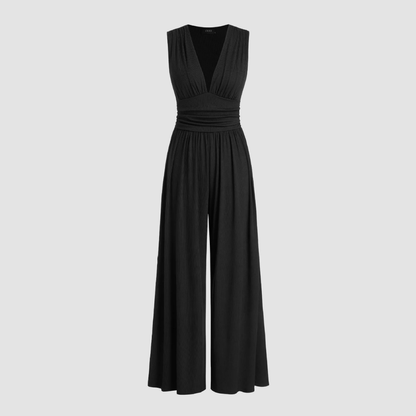 Elegant Wide Leg Jumpsuit for Women with V Neck Sleeveless Ruched Waist Flowing Style