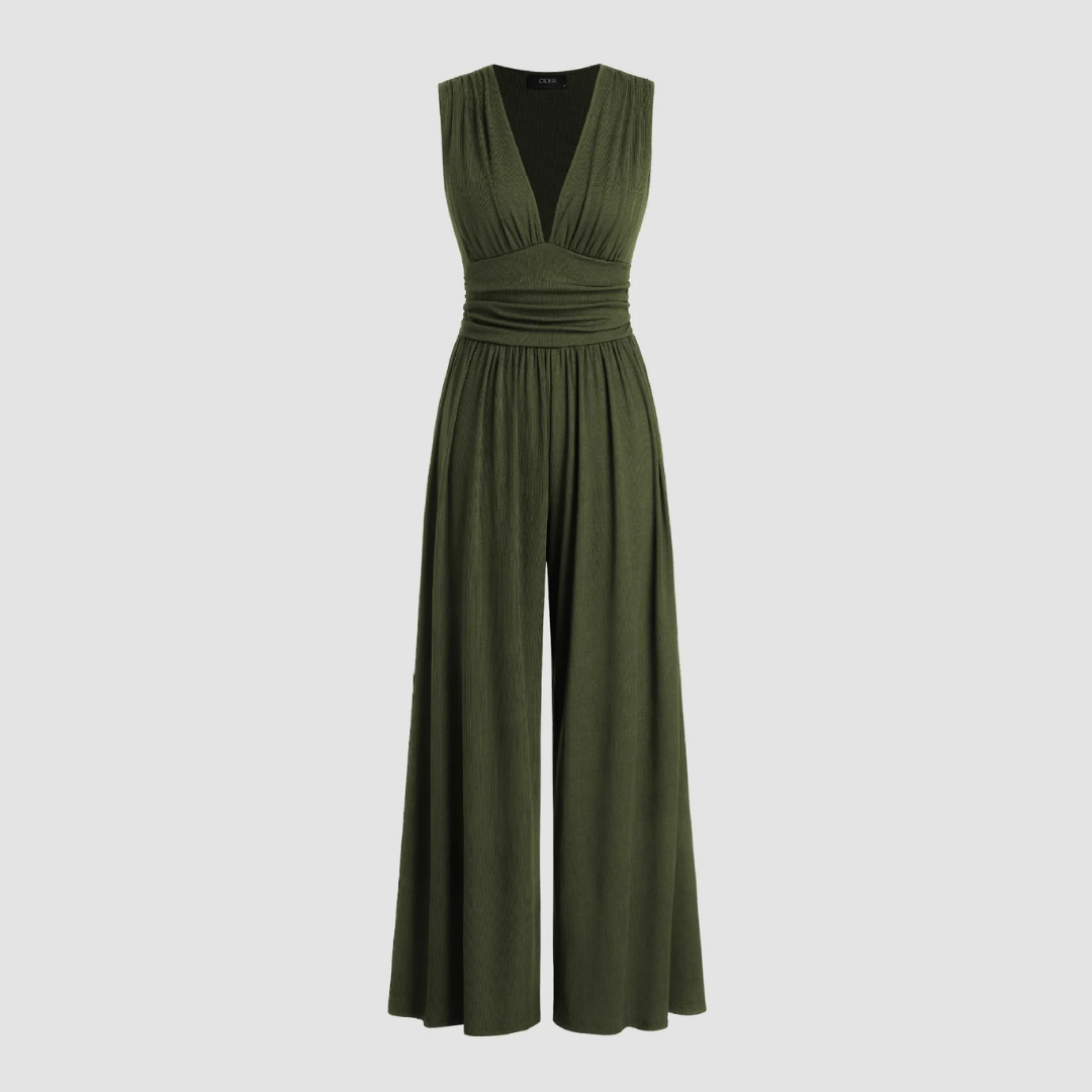 Elegant Wide Leg Jumpsuit for Women with V Neck Sleeveless Ruched Waist Flowing Style