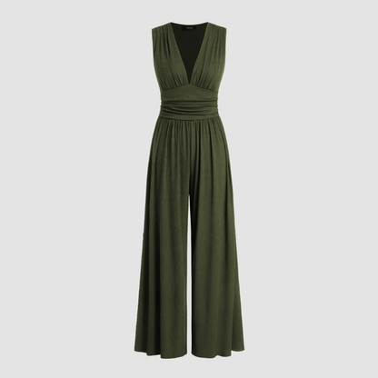 Elegant Wide Leg Jumpsuit for Women with V Neck Sleeveless Ruched Waist Flowing Style