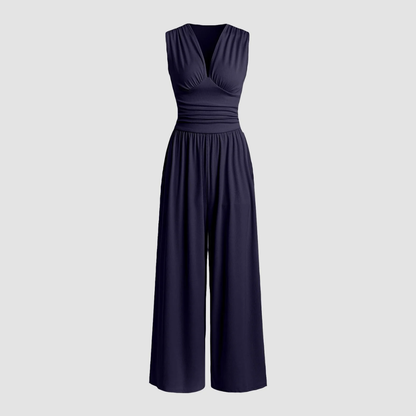 Elegant Wide Leg Jumpsuit for Women with V Neck Sleeveless Ruched Waist Flowing Style