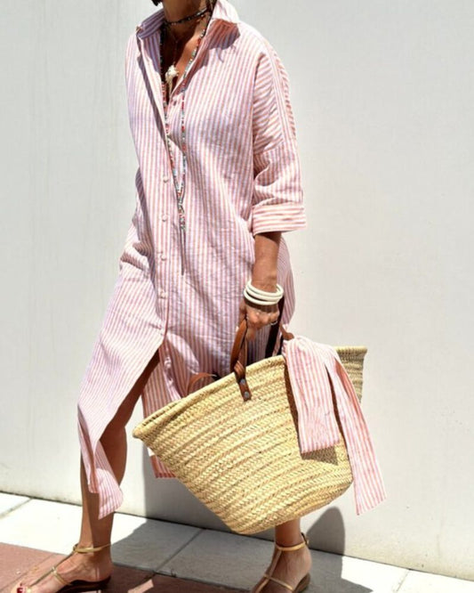 Effortless Striped Linen Shirt Dress for Women with Collar Elbow Sleeve Button Front Side Slit Casual Style