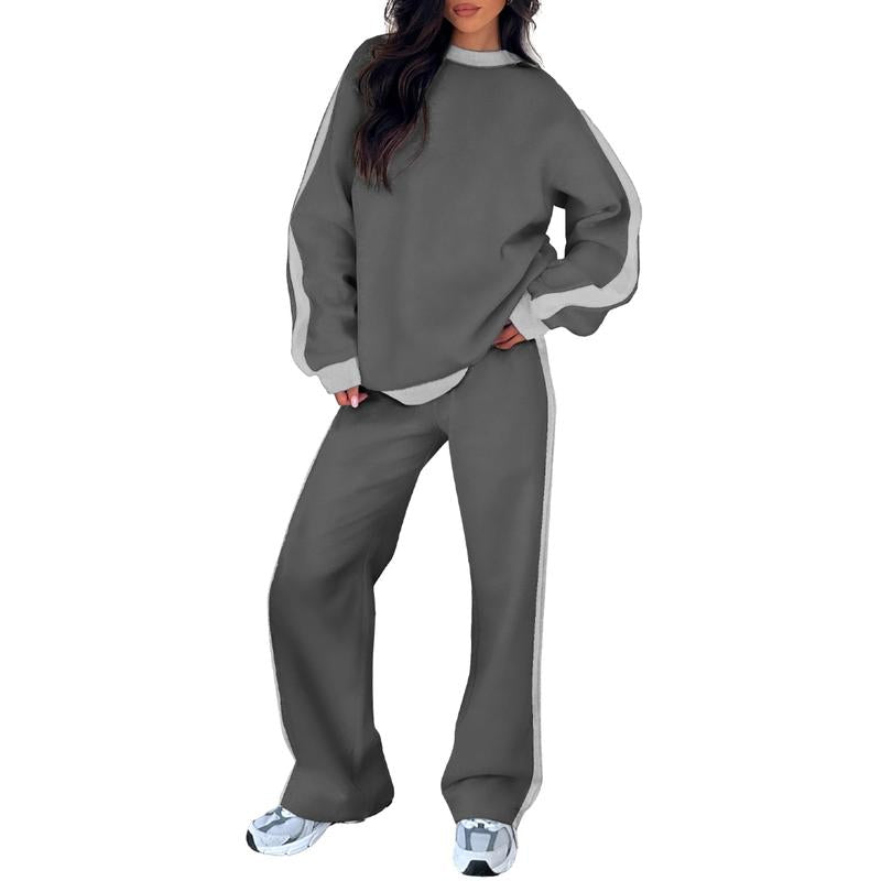 Effortless Colorblock Sweat Set for Women with Crewneck Long Sleeve Wide Leg Relaxed Style
