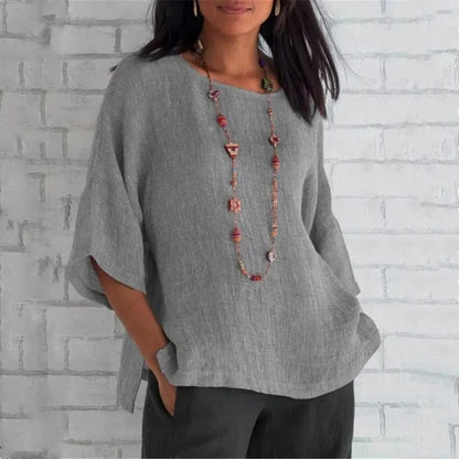 Effortless Linen Blouse for Women with Round Neck Batwing Sleeve Relaxed Oversized Style