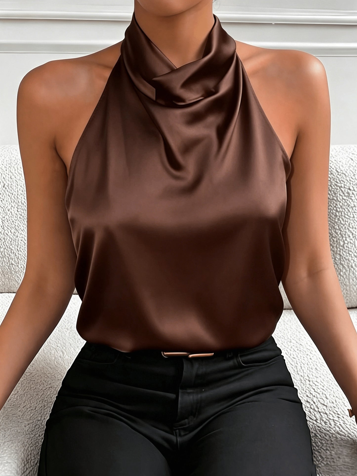 Elegant White Satin Blouse for Women with Cowl Neck Halter Sleeveless Draped Silky Style