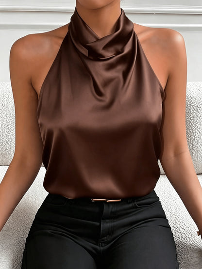 Elegant White Satin Blouse for Women with Cowl Neck Halter Sleeveless Draped Silky Style