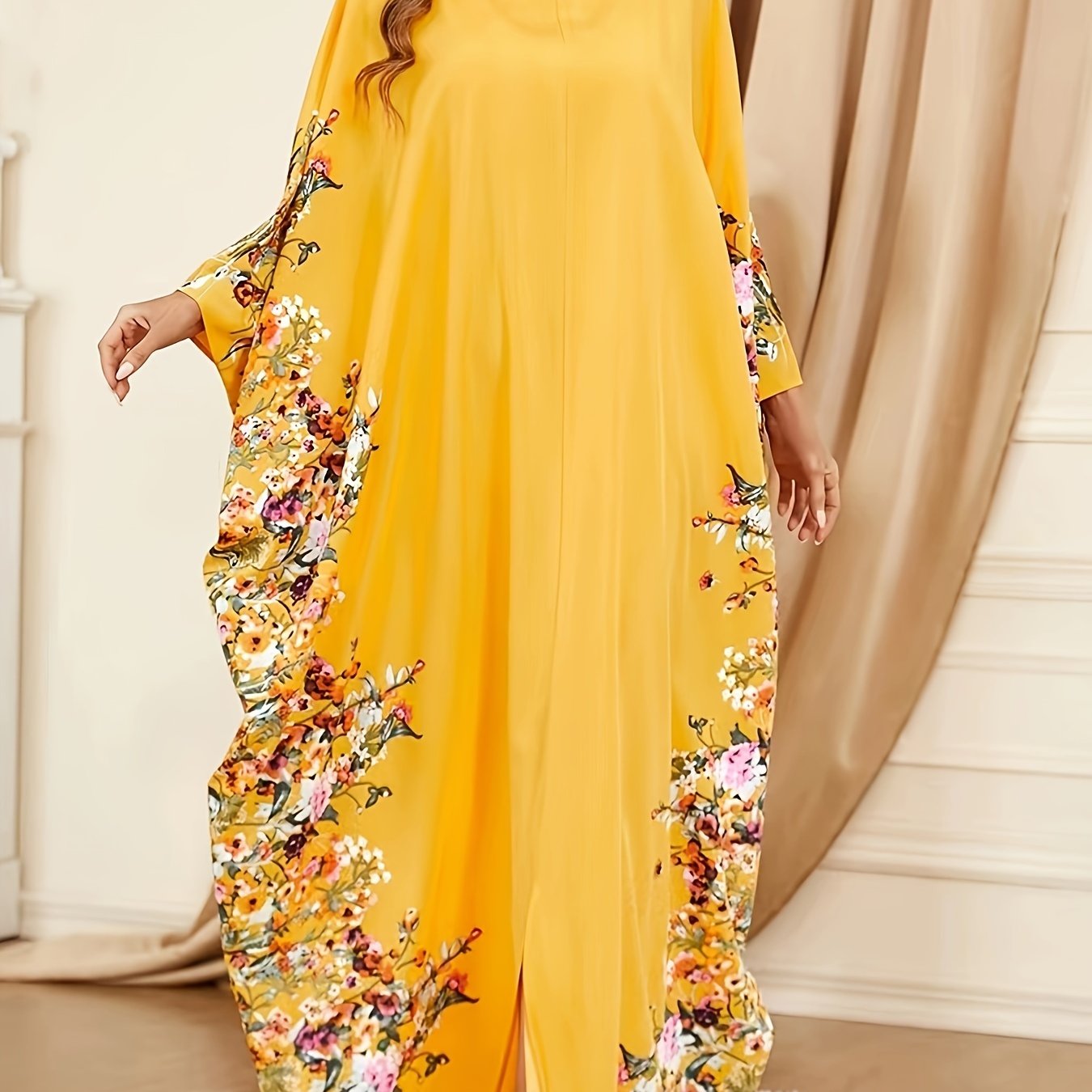 Elegant Floral Print Kaftan Maxi Dress for Women with Round Neck Batwing Sleeve Flowing Style