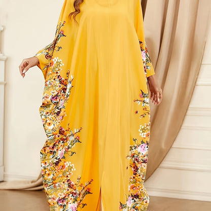 Elegant Floral Print Kaftan Maxi Dress for Women with Round Neck Batwing Sleeve Flowing Style