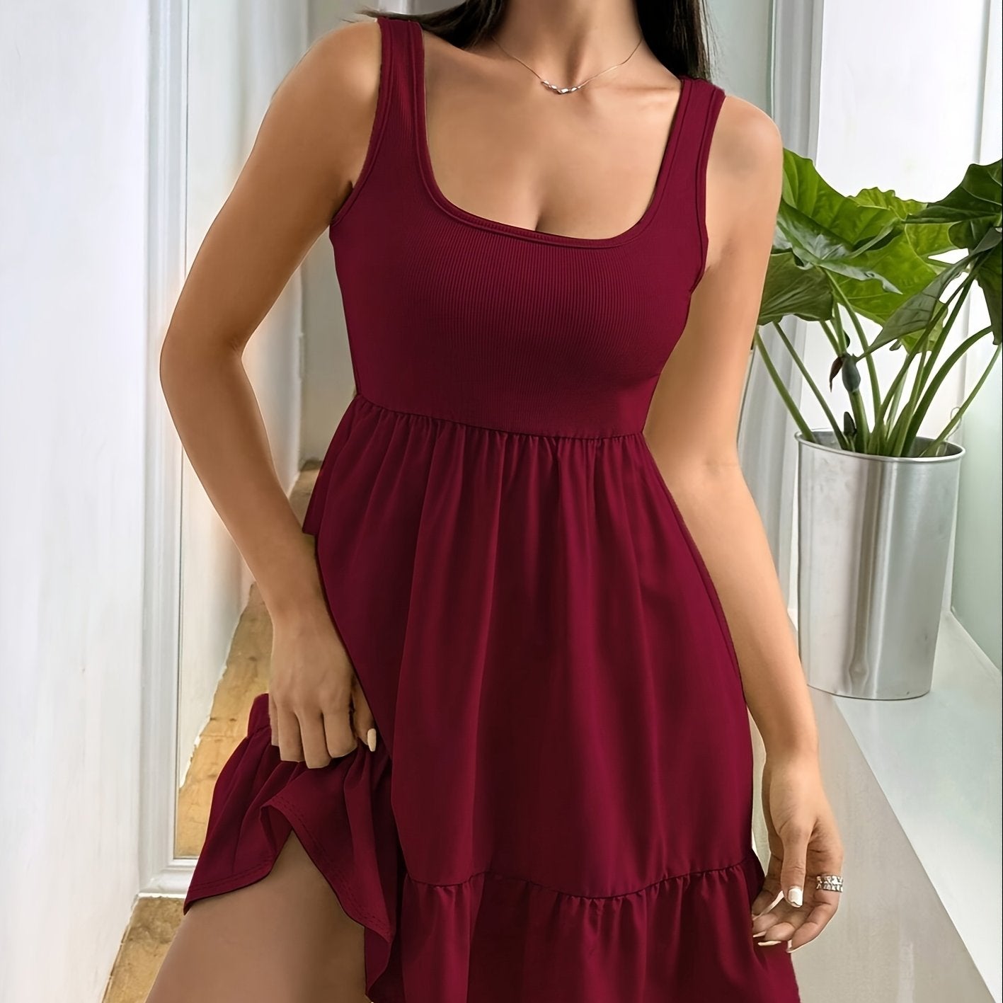 Effortless Ribbed Tiered Mini Dress for Women with Square Neck Sleeveless Ruffle Hem Flowy Casual Style