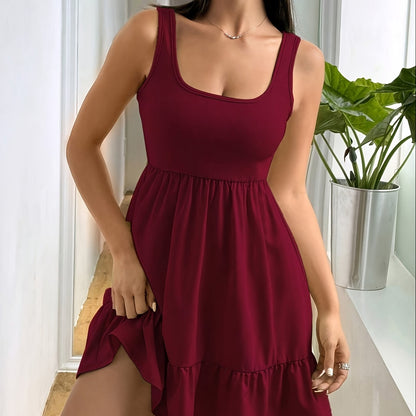Effortless Ribbed Tiered Mini Dress for Women with Square Neck Sleeveless Ruffle Hem Flowy Casual Style