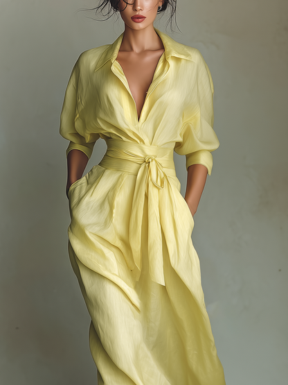 Effortless Yellow Linen Maxi Dress for Women with V Neck Elbow Sleeve Belted Wrap Flowing Style