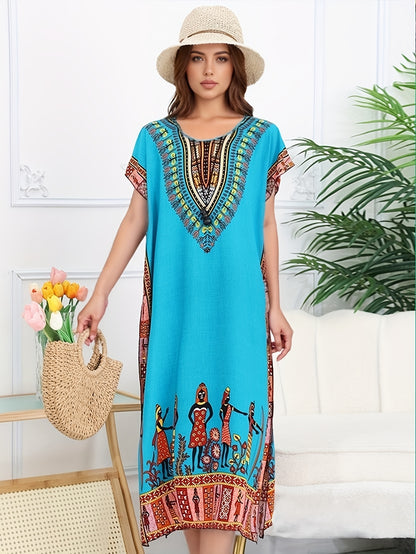 Effortless Tribal Print Kaftan Maxi Dress for Women with V Neck Short Sleeve Flowing Bohemian Style