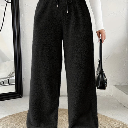 Comfortable Fuzzy Fleece Wide Leg Pants for Women with High Waist Drawstring Relaxed Casual Style