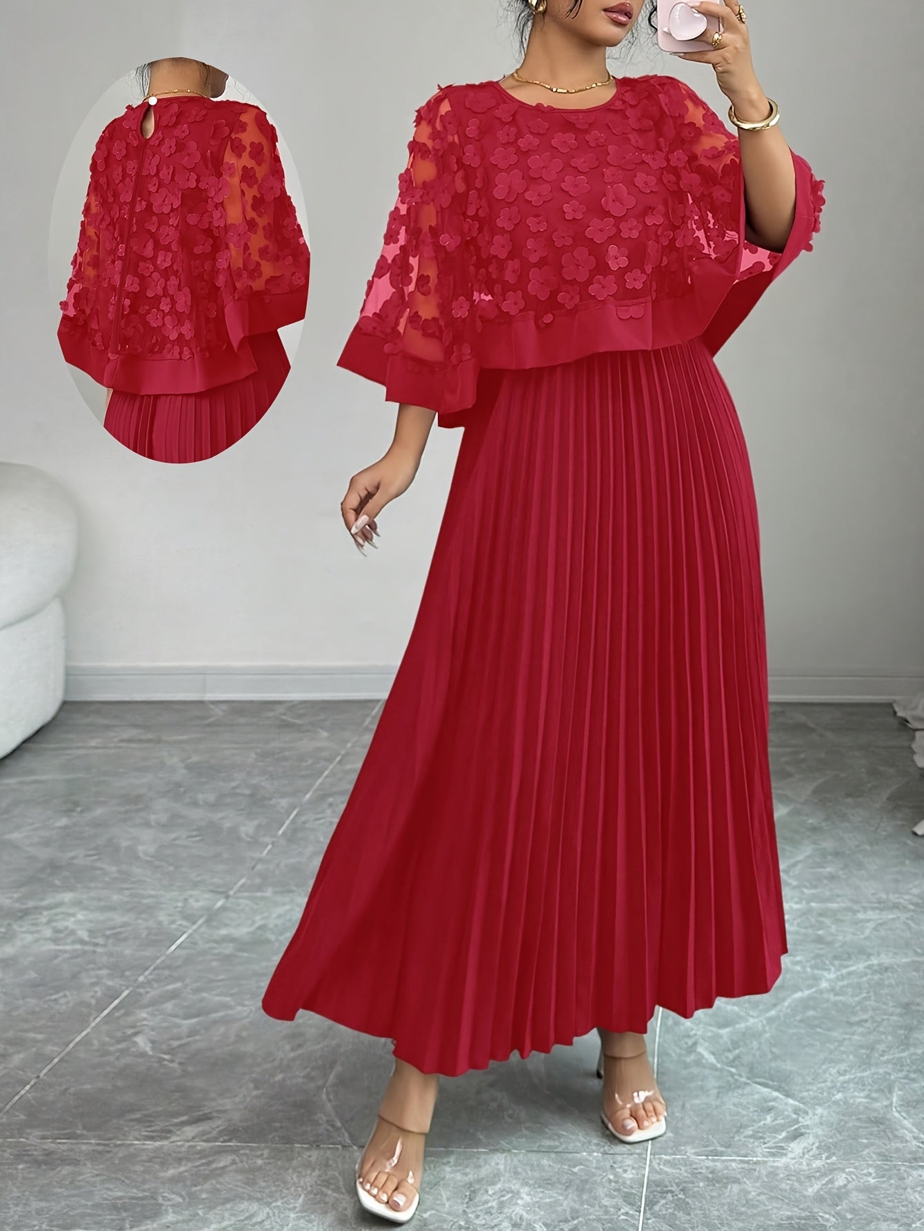Elegant Floral Mesh Two Piece Set for Women with Round Neck Flutter Sleeve Pleated Maxi Skirt Formal Style