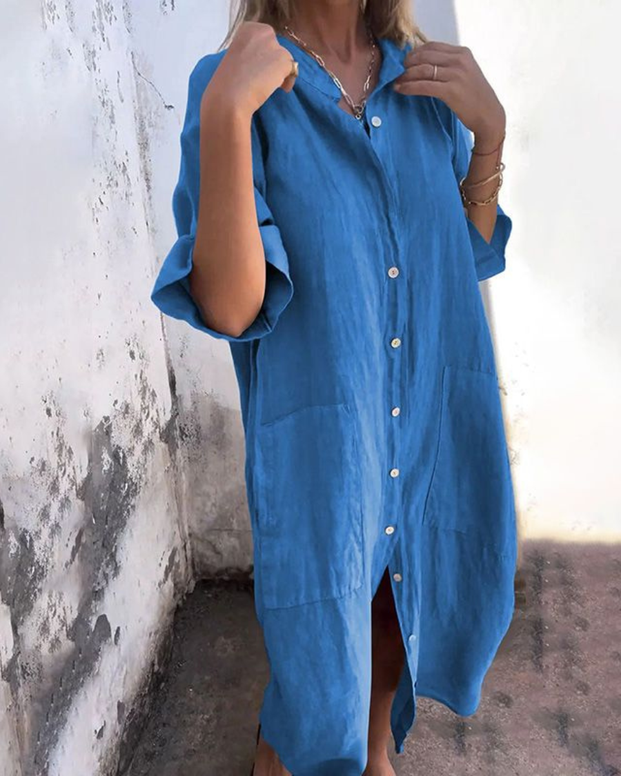Effortless Linen Shirt Dress for Women with Collar Short Sleeve Button Front Relaxed Style