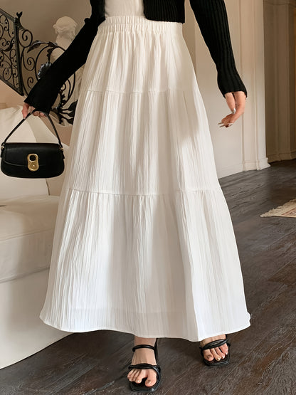 Effortless White Crinkle Maxi Skirt for Women with Elastic Waist Tiered A Line Flowing Style