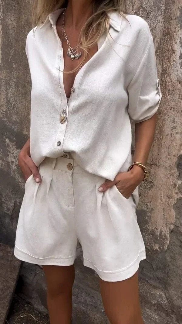 Effortless Linen Two Piece Set for Women with Collar Button Front Half Sleeve Pleated Shorts Casual Style