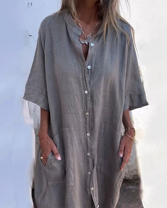 Effortless Linen Shirt Dress for Women with Collar Short Sleeve Button Front Relaxed Style