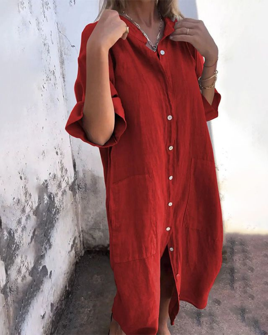 Effortless Linen Shirt Dress for Women with Collar Short Sleeve Button Front Relaxed Style