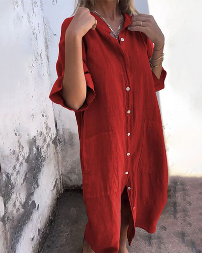 Effortless Linen Shirt Dress for Women with Collar Short Sleeve Button Front Relaxed Style