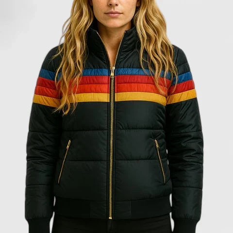 Effortless Rainbow Stripe Puffer Jacket for Women with Stand Collar Long Sleeve Zip Front Quilted Casual Style