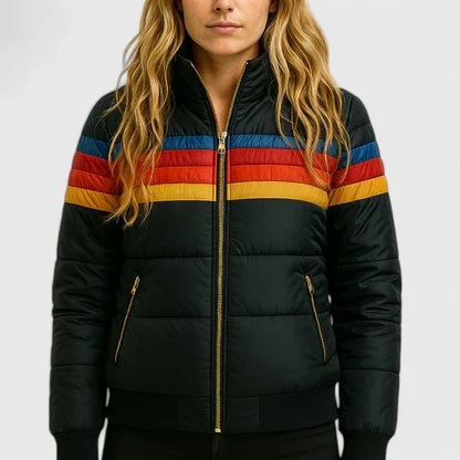 Effortless Rainbow Stripe Puffer Jacket for Women with Stand Collar Long Sleeve Zip Front Quilted Casual Style