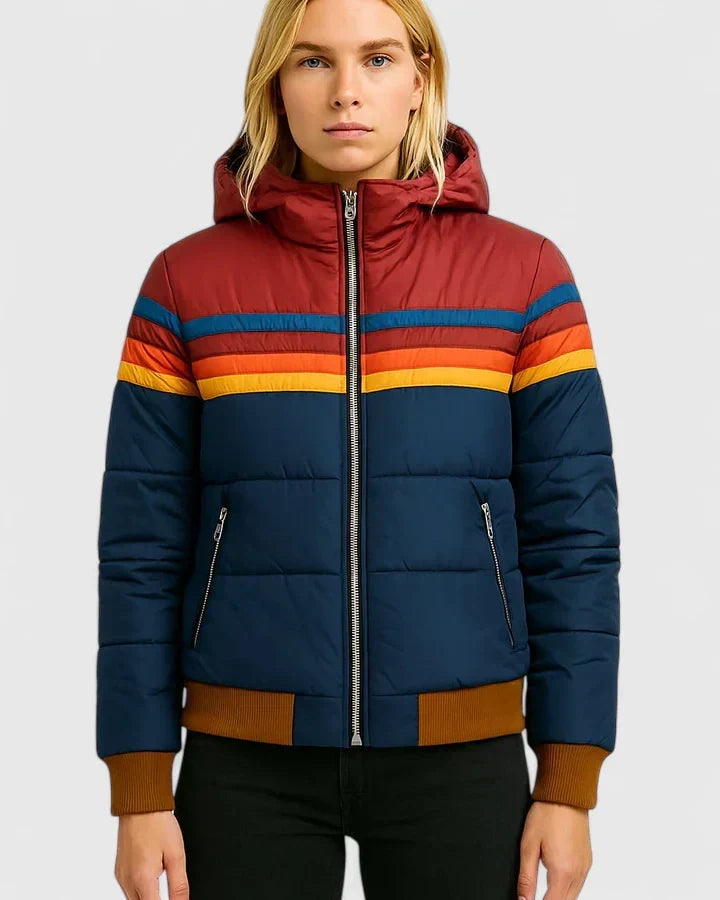 Effortless Rainbow Stripe Puffer Jacket for Women with Stand Collar Long Sleeve Zip Front Quilted Casual Style