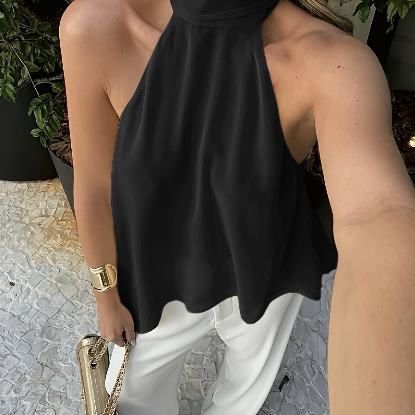 Effortless Silky Halter Top for Women with Mock Neck Sleeveless Handkerchief Hem Flowing Style