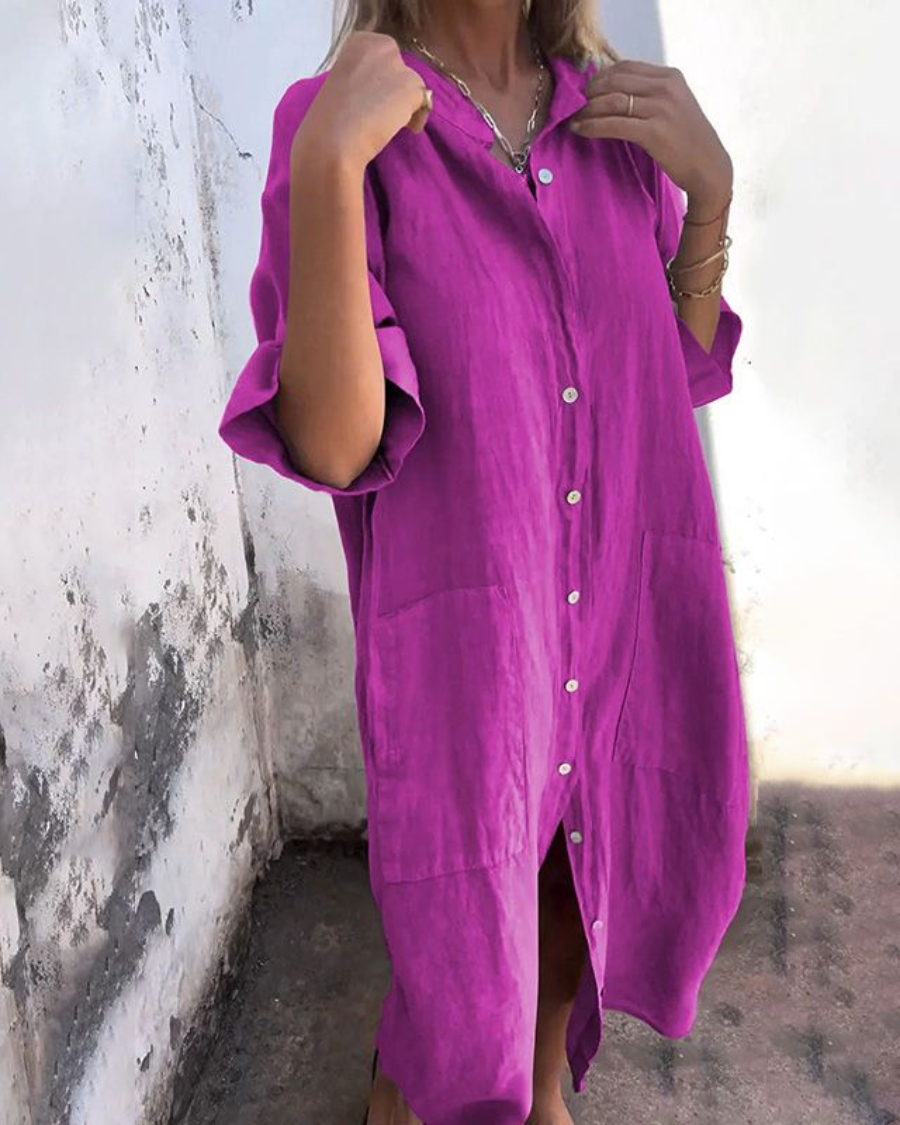 Effortless Linen Shirt Dress for Women with Collar Short Sleeve Button Front Relaxed Style