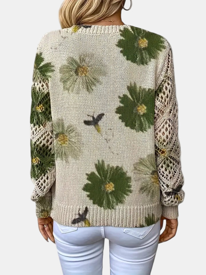 Comfortable Floral Crochet Sweater for Women with V Neck Long Sleeve Relaxed Oversized Knit Style